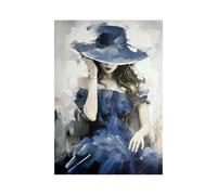 STYLER tableau sur toile Emma 70 x 100 cm - peinture sur canvas rehaussée à la main avec femme en bleu - art mural sensuel avec chapeau - collection Sensual Serenity