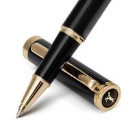 Stylo à bille roller noir laqué - Finition or 24 carats - Recharge encre Schneider - Coffret en cuir