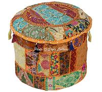 Stylo Culture Coton Patchwork Tabouret Ottoman Brodé Pouf Floral Jaune