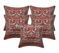 Stylo Culture Décoratif Ethnique Housse De Coussin De Luxe pour Canapé 40x40 cm Brocart De Soie Bordeaux Jacquard Paon Carré Fermeture Éclair Bohème Indien Housses d'oreiller pour Chambre - 5 Pièces