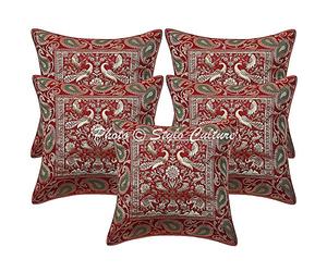 Stylo Culture Décoratif Ethnique Housse De Coussin De Luxe pour Canapé 40x40 cm Brocart De Soie Bordeaux Jacquard Paon Carré Fermeture Éclair Bohème Indien Housses d'oreiller pour Chambre - 5 Pièces