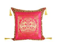 Stylo Culture Décoratif Ethnique Housse De Coussin De Luxe pour Canapé 45 x 45 cm Brocart De Soie Rose Magenta Pompons Jacquard Éléphant Carré Bohème Indien Housses d'oreiller pour Chambre - 1 Pièce
