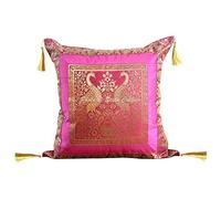 Stylo Culture Décoratif Ethnique Housse De Coussin De Luxe pour Chambre 45 x 45 cm Brocart De Soie Rose Magenta Pompons Jacquard Paon Carré Bohème Indien Housses d'oreiller pour Canapé - 1 Pièce