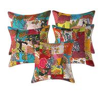 Stylo Culture Décoratif Ethnique Housse De Coussin pour Canapé 40x40 cm Coton Multicolore Patchwork Kantha Tropicana Carré Fermeture Enveloppe Bohème Indien Housses d'oreiller pour Chambre - 5 Pièces