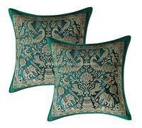 Stylo Culture Décoratif Housse De Coussin De Luxe Lit 30 x 30 cm Brocart De Soie Vert Émeraude Jacquard Éléphant Carré Fermeture Éclair 12x12 inch Bohème Taies d'oreiller Salon - 2 Pièces
