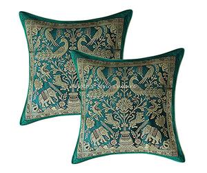 Stylo Culture Décoratif Housse De Coussin De Luxe Lit 30 x 30 cm Brocart De Soie Vert Émeraude Jacquard Éléphant Carré Fermeture Éclair 12x12 inch Bohème Taies d'oreiller Salon - 2 Pièces