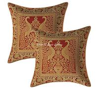 Stylo Culture Décoratif Housse De Coussin De Luxe Lit 40 x 40 cm Brocart De Soie Bordeaux Jacquard Paon Carré Fermeture Éclair 16x16 inch Bohème Taies d'oreiller Salon - 2 Pièces