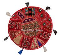 Stylo Culture Décoratif Patchwork Housse De Coussin De Sol Pouf 45 x 45cm Canapé Coussin De Sol Rouge Rond Vintage Boho Élégant Salon Coton Oreiller 45x45 Brodé Assis sur Le canapé Couverture