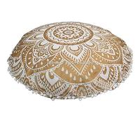 Stylo Culture Décoratif Rond Housse De Coussin De Sol Bebe 80x80 cm Coussin de Sol extérieur Or Coussins de Yoga Mandala Dentelle Pom Pom Boho Gros Salon Coton Floral Pouf Repose-Pieds Couverture