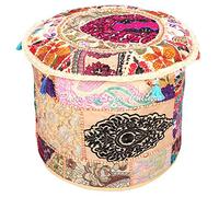 Stylo Culture Ottoman Pouffe Tabouret Vintage Couverture Beige Ethnique Brodé Patchwork Coton Traditionnel Tissu Rond Ottoman Pouf Couverture (18x18x13 Pouce) 45cm