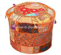Stylo Culture Pouffe Et Tabouret Grand Housse De Sac De Haricot Vintage Orange Ethnique Brodé Patchwork Coton Traditionnel Tissu Ottoman Pouf Couverture (16x16x13 Pouces) 40cm