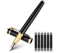 Stylo-plume de luxe en métal à pointe fine 0,5mm - Noir - Rechargeable - Ensemble de 6 cartouches d'encre