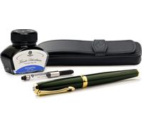 Stylo plume Diplomat Excellence A2 Evergreen doré avec encre d'écriture et étui en cuir, épaisseur M