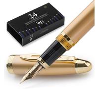 Stylo plume Vulpenset, pointe moyenne, couleur or, en laiton, avec convertisseur d'encre, 24 cartouches d'encre et étui en cuir