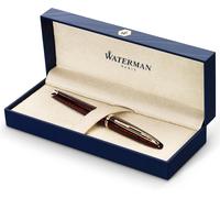 Stylo plume Waterman Carène Marine, couleur ambre, plume fine, avec cartouche d'encre bleue, couleur marron, détails dorés, présenté dans un coffret cadeau