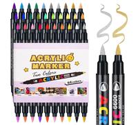 Stylos à peinture acrylique pour décorer des pierres, 60 couleurs, marqueurs avec deux pointes pinceau, marqueurs acryliques permanents pour céramique, verre, bois, métal, toile