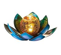 SUAVER Lampe solaire LED en forme de lotus en forme de boule de verre craquelé - Décoration de jardin - Lanterne solaire en métal - Nénuphar - Lampe de table d'extérieur (bleu)