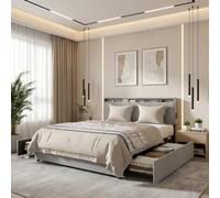 SUBTLETY Cadre de lit 140 x 200 cm, cadre en métal robuste, lit avec tête de lit rembourrée et 4 espaces de rangement en dessous, lit double confortable pour chambre à coucher, design scandinave (lin
