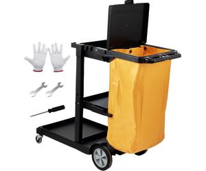 SucceBuy 3-Shelf Commercial Janitorial Cleaning Cart, capacité de 200 lbs, chariot d'entretien ménager en plastique avec sac en PVC de 25 gallons et couvercle, 120x51x98 cm, jaune & noir, Heavy-Duty U