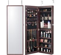 SucceBuy Armoire à bijoux en miroir 42,52 pouces, Verrouillable, Montage mural/porte, LED, Doublure en velours, Marron, Organiseur