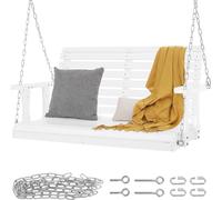 SucceBuy Balançoire en bois 4 pieds pour la véranda, banc à bascule robuste pour le jardin et la terrasse, capacité de charge 400 kg, blanc, avec chaînes de suspension
