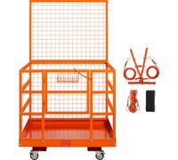 SucceBuy Cage de sécurité pour chariot élévateur, capacité de charge 635 kg, 109,2 x 114,3 cm Plate-forme de travail avec ceinture de sécurité et verrou, trou d'évacuation, roues et panier à outils