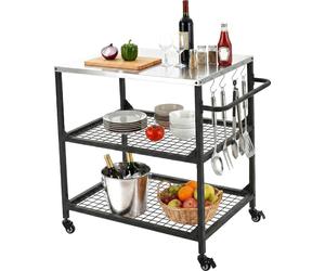 SucceBuy Chariot barbecue d'extérieur 80 x 61 cm (dimensions du plateau), table barbecue mobile avec poignée latérale, 2 grilles de rangement et 4 roulettes, chariot de service pour pique-nique, cuisi
