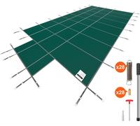 SucceBuy Couverture de sécurité pour piscine, adaptée aux piscines rectangulaires encastrées de 4,8 x 9,7 m, couverture solide en filet avec marche centrale de 1,2 x 3 m et trous de drainage pour la s