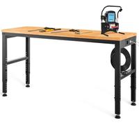 SucceBuy Établi réglable en hauteur, 183 x 64 cm Table de garage, 72 - 97 cm de hauteur, capacité de charge 900KG, prises de courant, plateau en bois dur, cadre métallique, patins pour pieds, bureau a