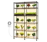 SucceBuy Étagère à plantes à 6 niveaux avec lampe de culture, support à plantes à double rangée pour l'intérieur avec roulettes et minuterie, LED à spectre complet de 200 W, support à fleurs pour la c