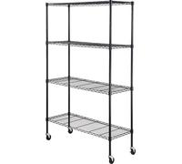 SucceBuy Étagère de stockage avec roues, réglable sur 4 niveaux, capacité de charge de 318 kg, étagères de garage robustes, structure métallique en fil métallique d'organisateur, noir, 119,4 cm L x 45