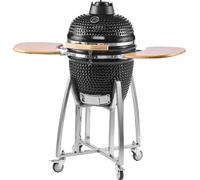 SucceBuy Gril céramique Kamado, Fumoir Ø 450 mm, avec poignées en bois, tablettes latérales rabattables, châssis métallique avec roulettes & thermomètre jusqu'à 400°C, flux d'air réglable en haut & en