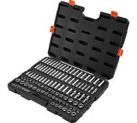SucceBuy Jeu de clés à douilles 104 pièces, entraînement 9,5 mm, tailles métriques de 6 à 24 mm, profond et standard, jeu d'outils de mécanicien avec coffret de rangement, alliage d'acier CR-V chromé