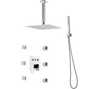 SucceBuy Kit de douche avec pomme de douche pluie 10 pouces, 6 jets pour le corps et douchette 2 en 1, pomme de pluie pivotante 3 fonctions, valve en laiton et kit d'habillage, design chromé pour sall