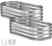 SucceBuy Lot de 2 jardinières surélevées en métal 120 x 60 x 30 cm, jardinière ovale, bac à plantes pour l'extérieur, potager avec gants, bac à plantes pour fleurs et légumes, argent