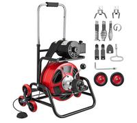 SucceBuy, machine de nettoyage de canalisations, Ø 12,7 mm x 30 m, spirale de nettoyage avec fonction d'avance automatique, roues d'adhérence, tambour réglable, 8 têtes de coupe et interrupteur au pie