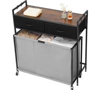 SucceBuy Panier à linge à 3 compartiments avec tablette en bois, Trieur à linge sur roulettes avec 2 tiroirs et crochets, Séparateur de linge pour les vêtements sales dans la salle de bain