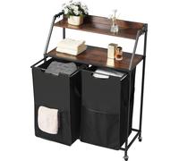SucceBuy Panier à linge Trieur à linge à 2 compartiments en tissu Oxford 600D robuste et plateau en bois, collecteur de linge avec roulettes et étagères en forme d'échelle, système de tri du linge pra