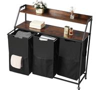 SucceBuy Panier à linge Trieur à linge à 3 compartiments en tissu Oxford 600D robuste et plateau en bois, Collecteur de linge sur roulettes avec étagères pratiques, Séparateur de linge pour vêtements 