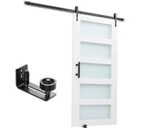SucceBuy Porte coulissante style grange avec système de porte coulissante (1067 x 2134 mm) en panneaux MDF robustes et verre dépoli, porte avec kit de quincaillerie, revêtement PVC hydrofuge et cadre 
