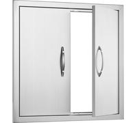 SucceBuy Porte d'accès au barbecue, 610 x 610 mm, double porte de cuisine extérieure, porte en acier inoxydable montée à fleur, porte murale verticale avec poignées et crochets pour îlot de barbecue,