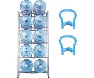 SucceBuy Porte-pichet d'eau à 5 niveaux, étagère à bouteilles de 5 gallons, rangement sur deux rangées pour 10 bouteilles, résistant pour cuisine, bureau, salon, gris argenté