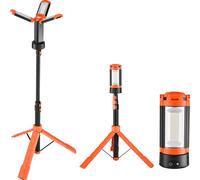 SucceBuy Projecteur de chantier LED avec trépied, lampe de travail portable 10 Ah, lampe de camping rechargeable, équipée de 3 têtes de lampe, support de trépied amovible, 2200 LM, gradable de 3000 K