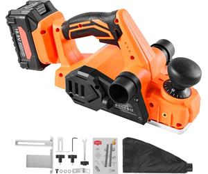 SucceBuy Rabot à bois sans fil, largeur de coupe 82 mm, 15000 tr/min Rabot électrique avec batterie lithium 4,0 Ah 18 V, moteur sans balais, profondeur de coupe réglable et sac à poussière, idéal pour