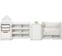 SucceBuy Rangement de jouets et bibliothèque en PEHD, étagère multifonctionnelle à 4 niveaux avec 10 boîtes en plastique amovibles et planche à dessin, idéale pour les chambres d'enfants et les salles