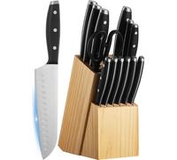 SucceBuy Set de 15 couteaux de cuisine avec bloc à couteaux en bois et fusil à aiguiser, couteaux en acier inoxydable de haute qualité, manches ergonomiques et ciseaux de cuisine - idéal pour les cuis
