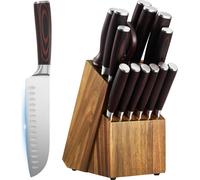 SucceBuy Set de 15 couteaux de cuisine avec bloc à couteaux en bois et fusil à aiguiser, couteaux tranchants en acier inoxydable de haute qualité avec manches ergonomiques, idéal pour une utilisation