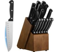 SucceBuy Set de 15 couteaux de cuisine avec bloc à couteaux en bois et fusil à aiguiser, couteaux tranchants en acier inoxydable de haute qualité avec manches ergonomiques en ABS, idéal pour les passi