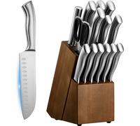 SucceBuy Set de 15 couteaux de cuisine avec bloc à couteaux en bois & fusil à aiguiser, couteaux tranchants en acier inoxydable à haute teneur en carbone, couverts de cuisine avec manches ergonomiques