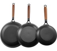 SucceBuy Set de poêles à frire en fonte (205 / 265 / 310 mm), poêles robustes avec poignée en bois amovible, poêle polyvalente pour cuisinières à gaz et électriques, noir